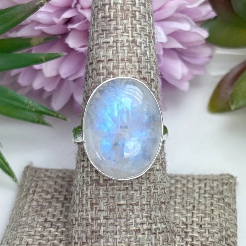 Rainbow Moonstone Gemstone Ring Size 8 1/2 8.5 Pure Sterling Silver 925 Boho New